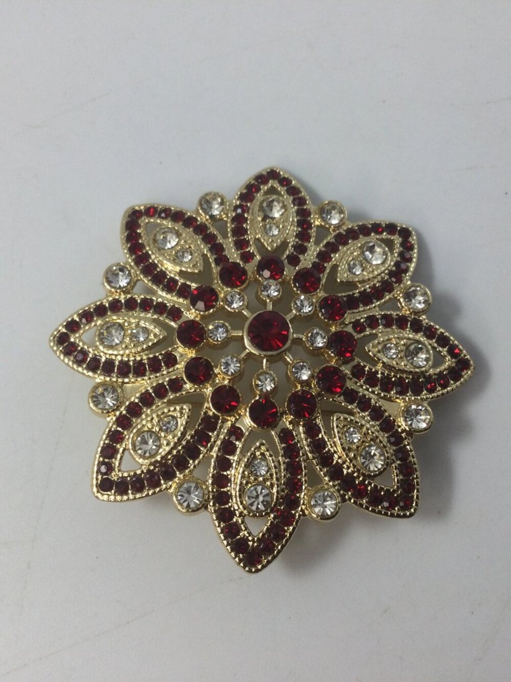 Vintage Monet Brooch Flower Red Clear Crystal Rhinestones Gold Tone READ